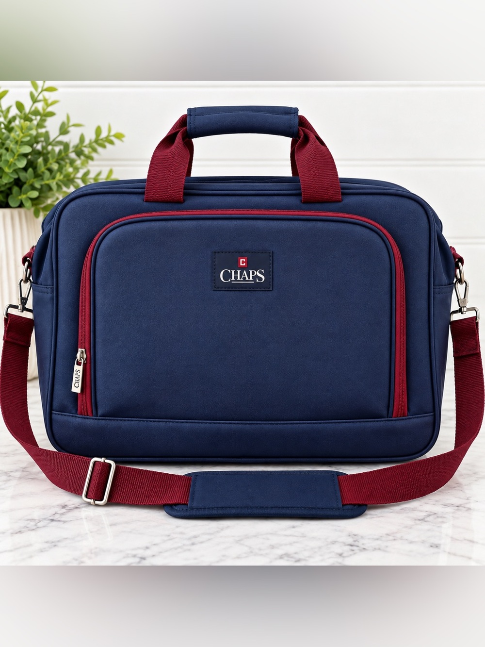Chaps Navy Burgundy Laptop Bag Briefcase Messenger Shoulder Bag